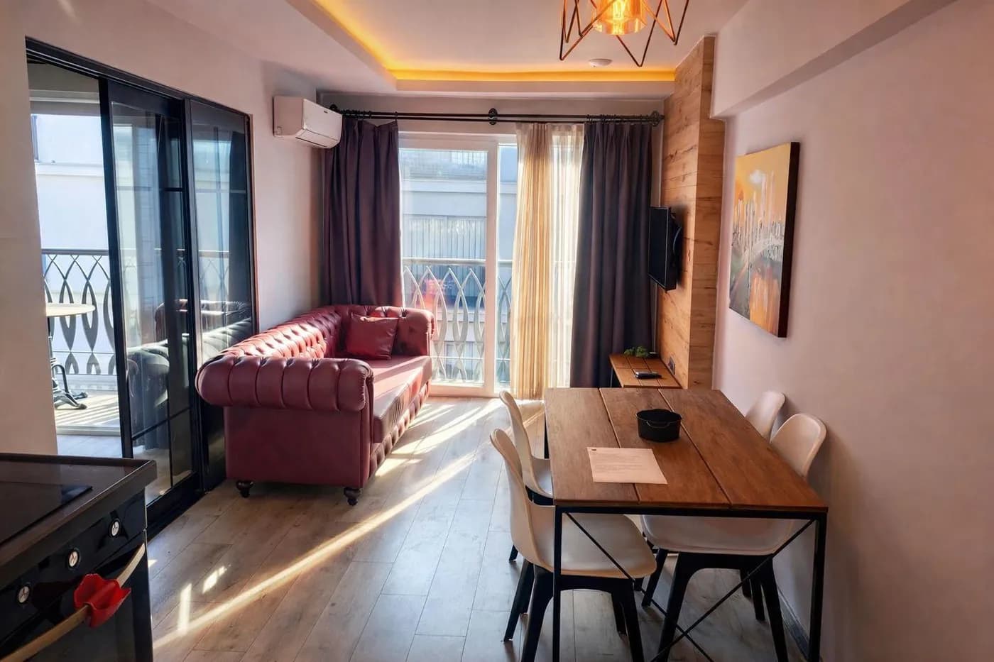 Stylish seating area and balcony